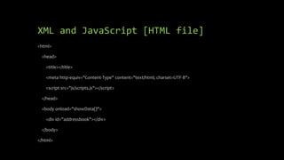 XML and JavaScript [HTML file]
<html>
<head>
<title></title>
<meta http-equiv="Content-Type" content="text/html; charset=UTF-8">
<script src="js/scripts.js"></script>
</head>
<body onload="showData()">
<div id="addressbook"></div>
</body>
</html>
 
