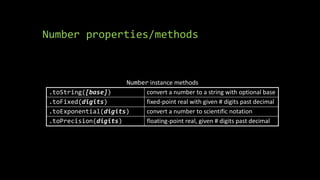 Number properties/methods
Number instance methods
.toString([base]) convert a number to a string with optional base
.toFixed(digits) fixed-point real with given # digits past decimal
.toExponential(digits) convert a number to scientific notation
.toPrecision(digits) floating-point real, given # digits past decimal
 