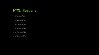 HTML Headers
• <h1>…</h1>
• <h2>…</h2>
• <h3>…</h3>
• <h4>…</h4>
• <h5>…</h5>
• <h6>…</h6>
 