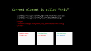 Current element is called “this”
<p onClick=“changeColor(this, ‘green')">Click Me Green</p>
<p onClick=“changeColor(this, ‘blue')">Click Me Blue</p>
<script>
function changeColor(elmnt,clr) { elmnt.style.color = clr; }
</script>
Click Me Green
Click Me Blue
Click Me Green
Click Me Blue
Click Me Green
Click Me Blue
 
