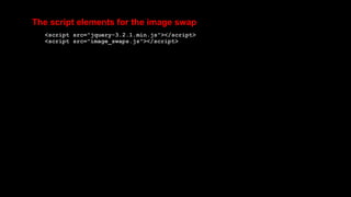 The script elements for the image swap
<script src="jquery-3.2.1.min.js"></script>
<script src="image_swaps.js"></script>
 
