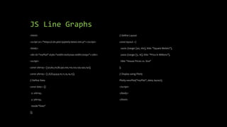 JS Line Graphs
<html>
<script src="https://cdn.plot.ly/plotly-latest.min.js"></script>
<body>
<div id="myPlot" style="width:100%;max-width:700px"></div>
<script>
const xArray = [50,60,70,80,90,100,110,120,130,140,150];
const yArray = [7,8,8,9,9,9,10,11,14,14,15];
// Define Data
const data = [{
x: xArray,
y: yArray,
mode:"lines"
}];
// Define Layout
const layout = {
xaxis: {range: [40, 160], title: "Square Meters"},
yaxis: {range: [5, 16], title: "Price in Millions"},
title: "House Prices vs. Size"
};
// Display using Plotly
Plotly.newPlot("myPlot", data, layout);
</script>
</body>
</html>
 