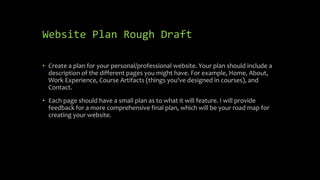 Website Plan Rough Draft
• Create a plan for your personal/professional website. Your plan should include a
description of the different pages you might have. For example, Home, About,
Work Experience, Course Artifacts (things you've designed in courses), and
Contact.
• Each page should have a small plan as to what it will feature. I will provide
feedback for a more comprehensive final plan, which will be your road map for
creating your website.
 