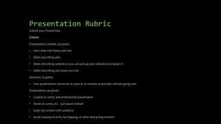 Presentation Rubric
Submit your PowerPoint.
Criteria
Presentation Content: 50 points
• Intro slide with Name and info
• Slides describing plan
• Slides describing website or you can pull up your website and explain it
• Slides describing any issues you had
Duration: 10 points
• Your presentation should be as close to 10 minutes as possible without going over
Presentation: 40 points
• Graded on clarity and professional presentation
• Avoid uh, umm, etc. - just pause instead
• Keep eye contact with audience
• avoid swaying of arms, toe tapping, or other distracting motions
 