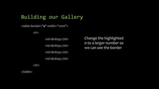 Building our Gallery
<table border="0" width="100%">
<tr>
<td>&nbsp;</td>
<td>&nbsp;</td>
<td>&nbsp;</td>
<td>&nbsp;</td>
</tr>
</table>
Change the highlighted
0 to a larger number so
we can see the border
 