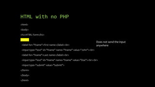 HTML with no PHP
<html>
<body>
<h2>HTML Form</h2>
<form>
<label for="fname">First name:</label><br>
<input type="text" id="fname" name="fname" value="John"><br>
<label for="lname">Last name:</label><br>
<input type="text" id="lname" name="lname" value="Doe"><br><br>
<input type="submit" value="Submit">
</form>
</body>
</html>
Does not send the input
anywhere
 