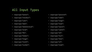 All Input Types
• <input type="button">
• <input type="checkbox">
• <input type="color">
• <input type="date">
• <input type="datetime-local">
• <input type="email">
• <input type="file">
• <input type="hidden">
• <input type="image">
• <input type="month">
• <input type="number">
• <input type="password">
• <input type="radio">
• <input type="range">
• <input type="reset">
• <input type="search">
• <input type="submit">
• <input type="tel">
• <input type="text">
• <input type="time">
• <input type="url">
• <input type="week">
 