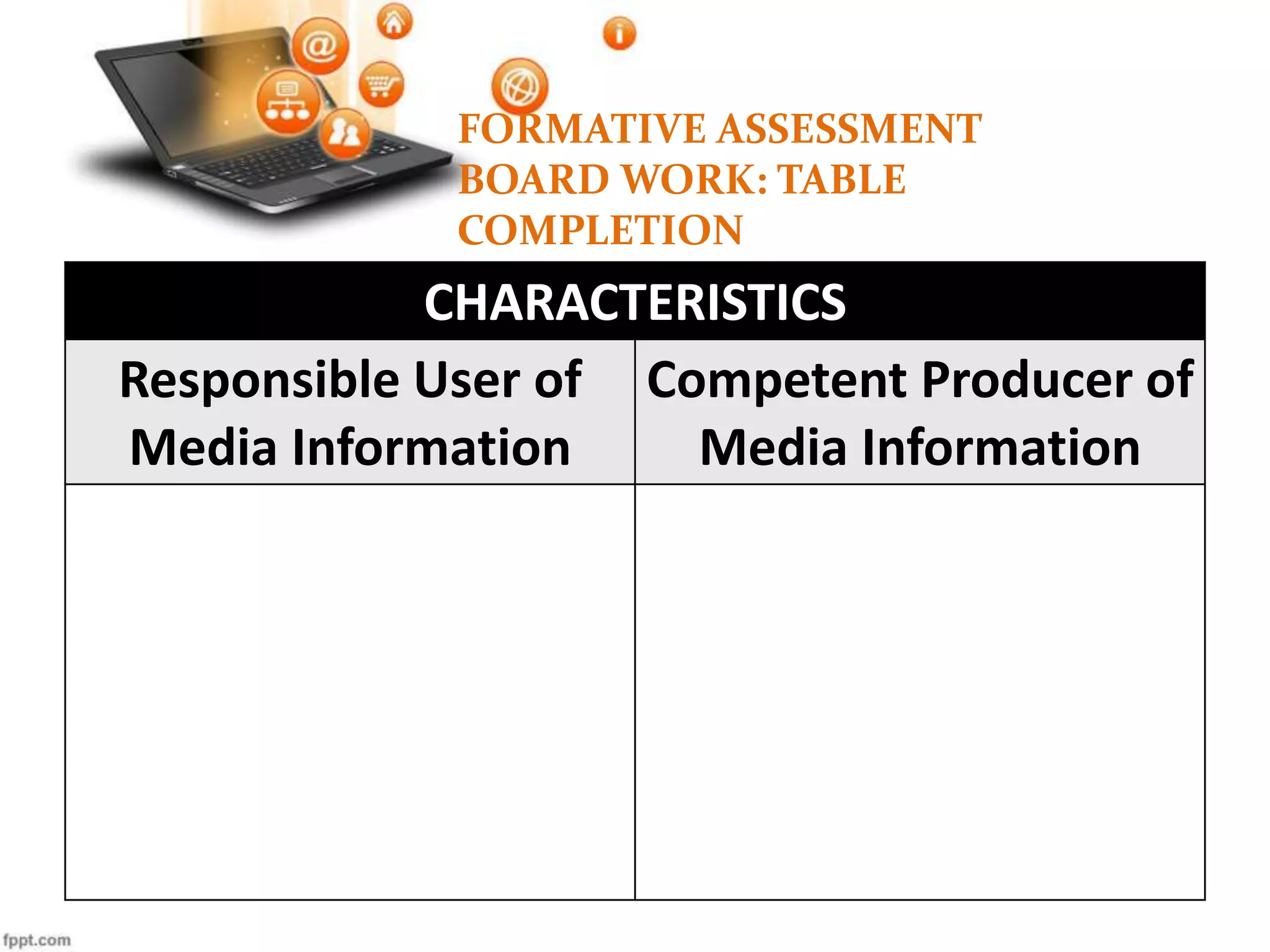 FORMATIVE ASSESSMENT
BOARD WORK: TABLE
COMPLETION
CHARACTERISTICS
Responsible User of
Media Information
Competent Producer of
Media Information
 