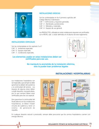 REGLAMENTO TÉCNICO DE INST
REGLAMENTO TÉCNICO DE INST
REGLAMENTO TÉCNICO DE INST
REGLAMENTO TÉCNICO DE INST
REGLAMENTO TÉCNICO DE INSTALACIONES ELÉCTRICAS
ALACIONES ELÉCTRICAS
ALACIONES ELÉCTRICAS
ALACIONES ELÉCTRICAS
ALACIONES ELÉCTRICAS 19
19
19
19
19
INST
INST
INST
INST
INSTALACIONES BÁSICAS
ALACIONES BÁSICAS
ALACIONES BÁSICAS
ALACIONES BÁSICAS
ALACIONES BÁSICAS
Son las contempladas en los 4 primeros capítulos del
Código Eléctrico Colombiano
CAP. 1: Definiciones y requisitos generales.
CAP. 2: Alambrado y protecciones.
CAP. 3: Métodos y materiales.
CAP. 4: Equipos de uso general.
Los PRODUCTOS utilizados en estas instalaciones requieren ser certificados
con el RETIE, solo si están definidos en el alcance de este reglamento.
INST
INST
INST
INST
INSTALACIONES ESPECIALES
ALACIONES ESPECIALES
ALACIONES ESPECIALES
ALACIONES ESPECIALES
ALACIONES ESPECIALES
Son las contempladas en los capítulos 5 al 7
CAP. 5: Ambientes especiales
CAP. 6: Equipos especiales.
CAP. 7: Condiciones especiales.
Los elementos usados en estas instalaciones deben ser
Los elementos usados en estas instalaciones deben ser
Los elementos usados en estas instalaciones deben ser
Los elementos usados en estas instalaciones deben ser
Los elementos usados en estas instalaciones deben ser
certificados para ese uso.
certificados para ese uso.
certificados para ese uso.
certificados para ese uso.
certificados para ese uso.
No manipule la acometida de la instalación eléctrica,
No manipule la acometida de la instalación eléctrica,
No manipule la acometida de la instalación eléctrica,
No manipule la acometida de la instalación eléctrica,
No manipule la acometida de la instalación eléctrica,
esto le puede traer problemas legales
esto le puede traer problemas legales
esto le puede traer problemas legales
esto le puede traer problemas legales
esto le puede traer problemas legales
INSTALACIONES HOSPITALARIAS
Para garantizar la continuidad del
fluido eléctrico en las instalaciones
hospitalarias, se deben instalar
circuitos de suplencia y tener un
sistema de generación de
respaldo.
Las instalaciones hospitalarias son
tan especiales, que siempre se debe
garantizar la calidad de la potencia
y la continuidad del servicio. Los
equipos de algunas áreas deben
cumplir requisitos muy particulares,
por lo que siempre deben estar
certificados para ese uso especial.
En cualquier desastre natural o provocado, siempre debe procurarse que los centros hospitalarios cuenten con
energía eléctrica.
 