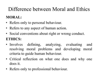Difference between Moral and Ethics
MORAL:
• Refers only to personal behaviour.
• Refers to any aspect of human action.
• Social conventions about right or wrong conduct.
ETHICS:
• Involves defining, analyzing, evaluating and
resolving moral problems and developing moral
criteria to guide human behaviour.
• Critical reflection on what one does and why one
does it.
• Refers only to professional behaviour.
 