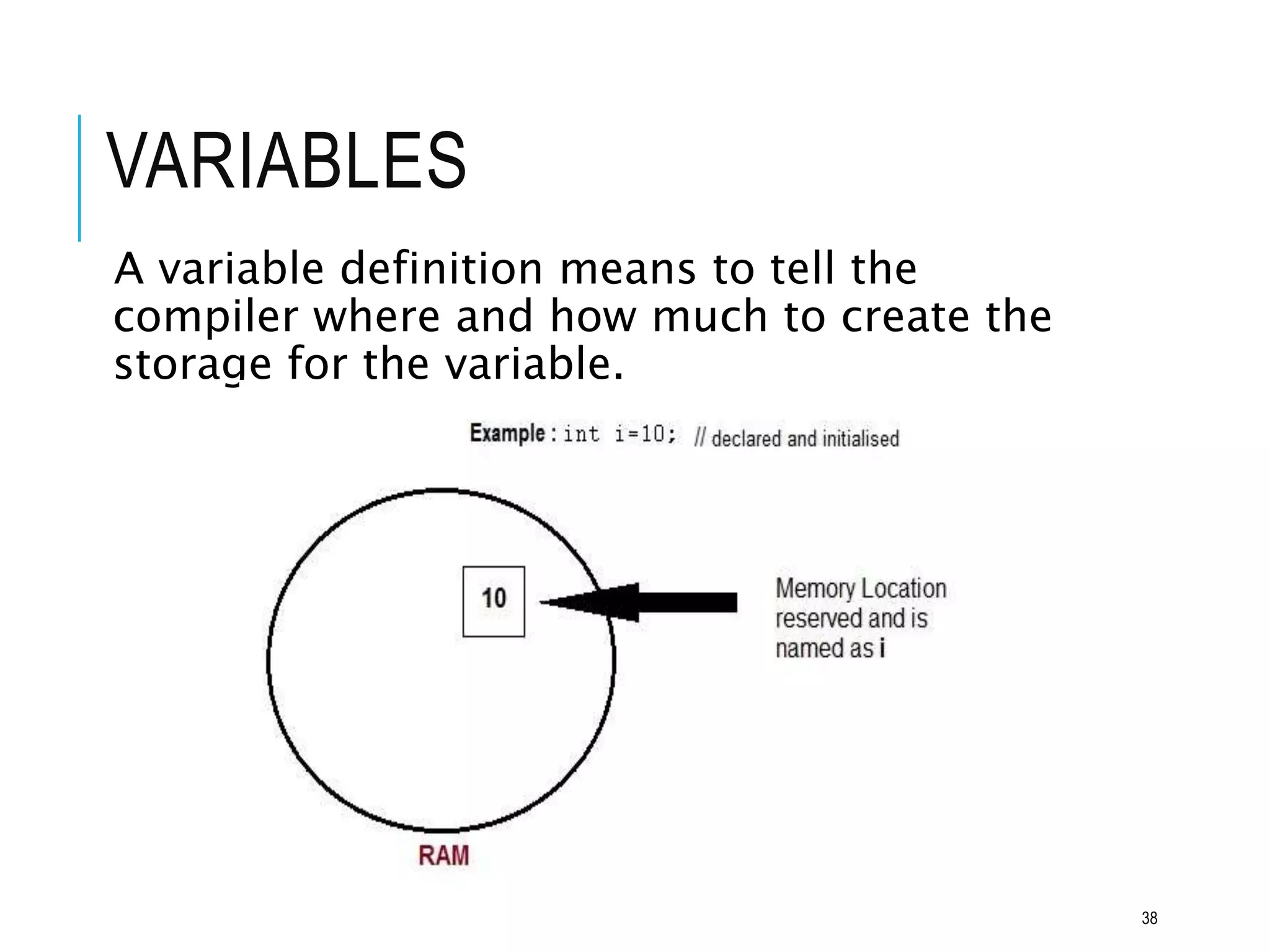 VARIABLES
A variable definition means to tell the
compiler where and how much to create the
storage for the variable.
38
 