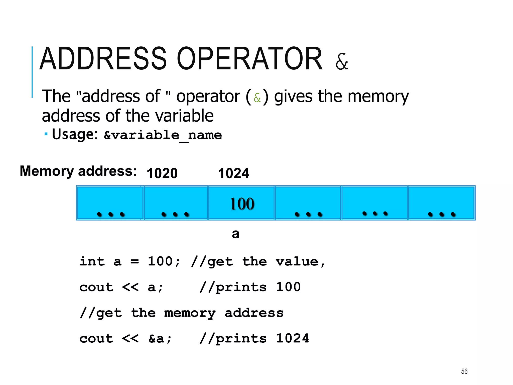 ADDRESS OPERATOR &
The "address of " operator (&) gives the memory
address of the variable
 Usage: &variable_name
100
… … … …
Memory address: 1024
int a = 100; //get the value,
cout << a; //prints 100
//get the memory address
cout << &a; //prints 1024
…
1020
a
56
 