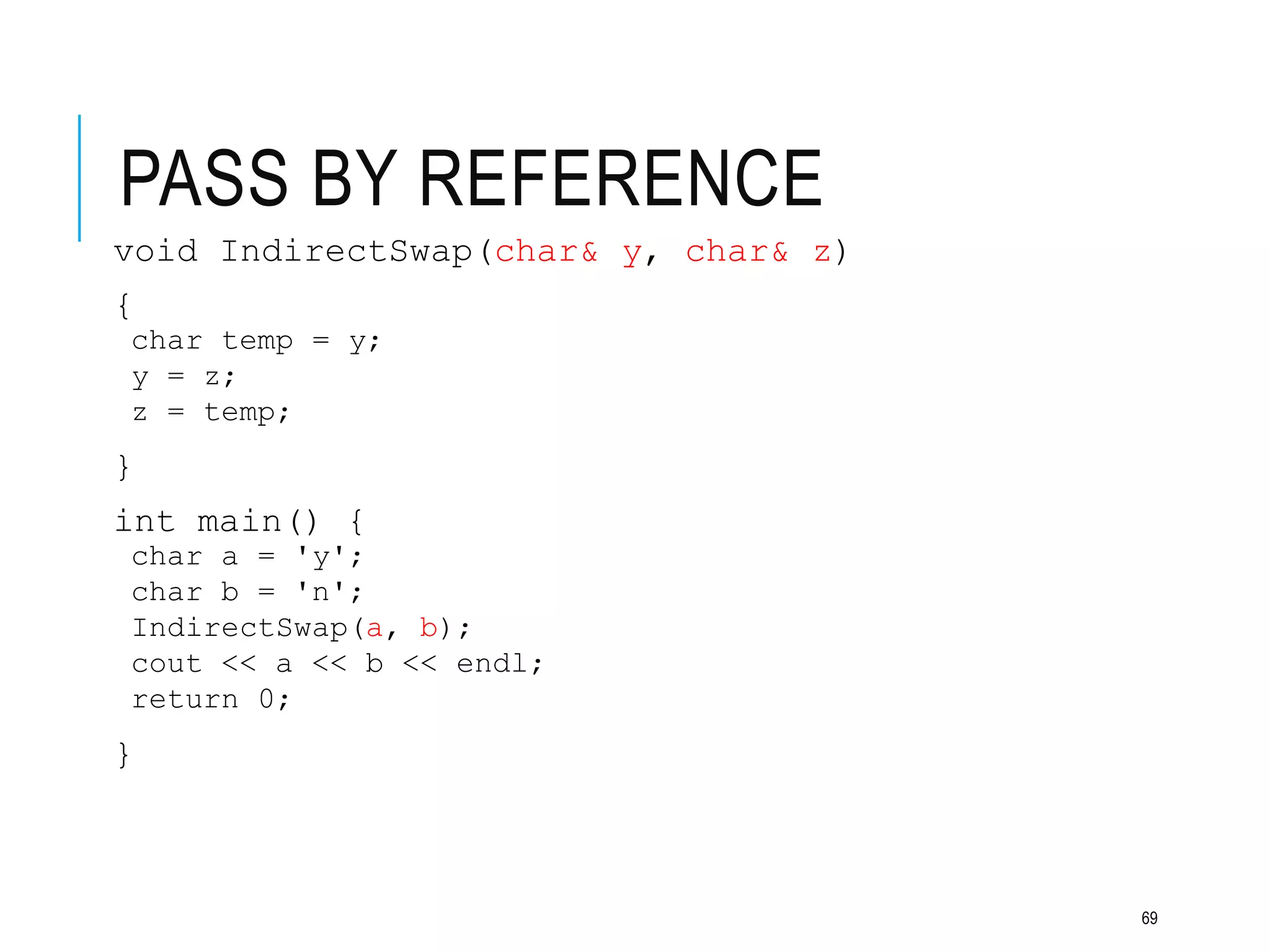 PASS BY REFERENCE
void IndirectSwap(char& y, char& z)
{
char temp = y;
y = z;
z = temp;
}
int main() {
char a = 'y';
char b = 'n';
IndirectSwap(a, b);
cout << a << b << endl;
return 0;
}
69
 