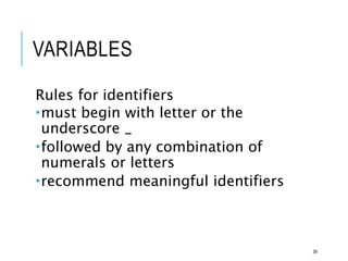 VARIABLES
Rules for identifiers
must begin with letter or the
underscore _
followed by any combination of
numerals or letters
recommend meaningful identifiers
39
 