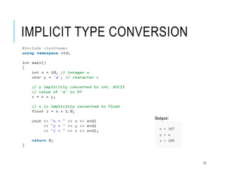 72
IMPLICIT TYPE CONVERSION
 