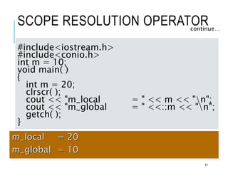 SCOPE RESOLUTION OPERATOR
continue…
#include<iostream.h>
#include<conio.h>
int m = 10;
void main( )
{
int m = 20;
clrscr( );
cout << "m_local = " << m << "n";
cout << "m_global = " <<::m << "n";
getch( );
}
m_local = 20
m_global = 10
81
 