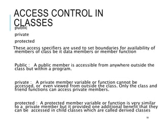 ACCESS CONTROL IN
CLASSES
public
private
protected
These access specifiers are used to set boundaries for availability of
members of class be it data members or member function
Public : A public member is accessible from anywhere outside the
class but within a program.
private : A private member variable or function cannot be
accessed, or even viewed from outside the class. Only the class and
friend functions can access private members.
protected : A protected member variable or function is very similar
to a private member but it provided one additional benefit that they
can be accessed in child classes which are called derived classes
99
 