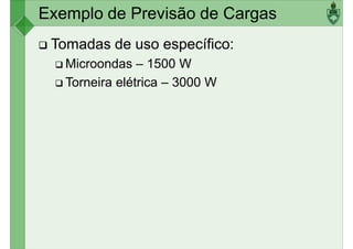 Exemplo de Previsão de Cargas
Tomadas de uso específico:
Microondas – 1500 W
Torneira elétrica – 3000 W
Torneira elétrica – 3000 W
 