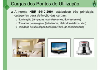 Cargas dos Pontos de Utilização
A norma NBR 5410:2004 estabelece três principais
categorias para definição das cargas:
Iluminação (lâmpadas incandescentes, fluorescentes)
Tomadas de uso geral (televisores, eletrodomésticos, etc.)
Tomadas de uso geral (televisores, eletrodomésticos, etc.)
Tomadas de uso específicos (chuveiro, ar-condicionado)
 