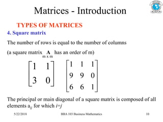Matrices - Introduction
TYPES OF MATRICES
4. Square matrix
The number of rows is equal to the number of columns
(a square matrix A has an order of m)






0
3
1
1










1
6
6
0
9
9
1
1
1
m x m
The principal or main diagonal of a square matrix is composed of all
elements aij for which i=j
5/22/2018 BBA 103 Business Mathematics 10
 