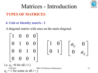 Matrices - Introduction
TYPES OF MATRICES
6. Unit or Identity matrix - I
A diagonal matrix with ones on the main diagonal












1
0
0
0
0
1
0
0
0
0
1
0
0
0
0
1






1
0
0
1
i.e. aij =0 for all i = j
aij = 1 for some or all i = j






ij
ij
a
a
0
0
5/22/2018 BBA 103 Business Mathematics 12
 