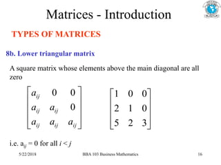 Matrices - Introduction
TYPES OF MATRICES
A square matrix whose elements above the main diagonal are all
zero
8b. Lower triangular matrix
i.e. aij = 0 for all i < j










3
2
5
0
1
2
0
0
1










ij
ij
ij
ij
ij
ij
a
a
a
a
a
a
0
0
0
5/22/2018 BBA 103 Business Mathematics 16
 