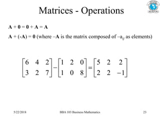 Matrices - Operations
A + 0 = 0 + A = A
A + (-A) = 0 (where –A is the matrix composed of –aij as elements)





















1
2
2
2
2
5
8
0
1
0
2
1
7
2
3
2
4
6
5/22/2018 BBA 103 Business Mathematics 23
 