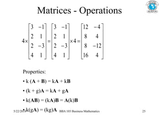Matrices - Operations














































4
16
12
8
4
8
4
12
4
1
4
3
2
1
2
1
3
1
4
3
2
1
2
1
3
4
Properties:
• k (A + B) = kA + kB
• (k + g)A = kA + gA
• k(AB) = (kA)B = A(k)B
• k(gA) = (kg)A
5/22/2018 BBA 103 Business Mathematics 25
 