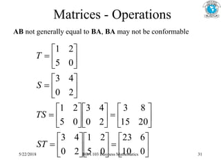 Matrices - Operations
AB not generally equal to BA, BA may not be conformable






















































0
10
6
23
0
5
2
1
2
0
4
3
20
15
8
3
2
0
4
3
0
5
2
1
2
0
4
3
0
5
2
1
ST
TS
S
T
5/22/2018 BBA 103 Business Mathematics 31
 