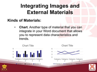 • Chart. Another type of material that you can
integrate in your Word document that allows
you to represent data characteristics and
trends.
Integrating Images and
External Materials
Kinds of Materials:
0
2
4
6
Category
1
Category
2
Category
3
Category
4
Chart Title
Series 1 Series 2 Series 3
0
2
4
6
Category
1
Category
2
Category
3
Category
4
Chart Title
Series 1 Series 2 Series 3
 
