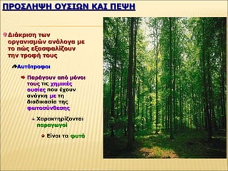 ΠΡΟΣΛΗΨΗ ΟΥΣΙΩΝ ΚΑΙ ΠΕΨΗ
Διάκριση των
οργανισμών ανάλογα με
το πώς εξασφαλίζουν
την τροφή τους
Αυτότροφοι
Παράγουν από μόνοι
τους τις χημικές
ουσίες που έχουν
ανάγκη με τη
διαδικασία της
φωτοσύνθεσης
Χαρακτηρίζονται
παραγωγοί
Είναι τα φυτά
 