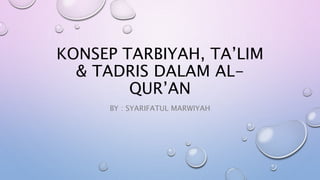 KONSEP TARBIYAH, TA’LIM
& TADRIS DALAM AL-
QUR’AN
BY : SYARIFATUL MARWIYAH
 