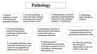 HuPathology
1.General
pathology- it deals
with the general
principles of disease
2. Systemic pathology – it
deals with study of disease
pertaining to the specific
organs & body system.
3. Histopathology -(anatomic
pathology) surgical pathology
(biopsy), forensic pathology
(autopsy)- cytopathology.
4. Hematology-
deals with disease
of blood.
5. Chemical Pathology –
Analysis of biochemical
constituents of blood urine,
semen, CSF etc.
6. Immunology- detection of
abnormalities in the immune
system of the body e.g
autoimmune disorders.
7. Experimental Pathology- it is
production of disease in the
experimental animal & its study
8. Geographic pathology- deals
with study of frequency & type
of diseases in populations of
different parts of the world.
9. Medical genetics-
relationship between heredity
& disease e.g. inborn errors of
metabolism , chromosomal
aberration's etc.
10. Molecular pathology-
the detection &
abnormalities at the level
of DNA of the cells.
 