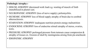 Pathologic Atrophy:-
• DISUSE ATROPHY (decreased work load e.g. wasting of muscle of limb
immobilized in plaster cast.
• NEUROPATHIC ATROPHY (loss of nerve supply), poliomyelitis.
• ISCHEMIC ATROPHY loss of blood supply atrophy of brain due to cerebral
atherosclerosis.
• STARVATION ATROPHY inadequate nutrition protein energy malnutrition
• ENDOCRINE ATROPHY loss of endocrine stimuli atrophy of uterus, ovaries,
testis.
• PRESSURE ATROPHY prolonged pressure from tumours cause compression &
atrophy of tissues ex. Erosion of skull by meningioma arising from pia arachnoid.
• IDIOPATHIC ATROPHY
 