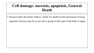 Cell damage: necrosis, apoptosis, General
Death
• Necrosis (from the Greek. Nekros - dead). It’s death of cells and tissues in living
organism. Necrosis may be in one cell, a group of cells, part of the body or organ.
 