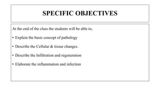 SPECIFIC OBJECTIVES
At the end of the class the students will be able to,
• Explain the basic concept of pathology
• Describe the Cellular & tissue changes.
• Describe the Infiltration and regeneration
• Elaborate the inflammation and infection
 