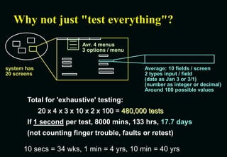 Why not just "test everything"?
system has
20 screens
Average: 10 fields / screen
2 types input / field
(date as Jan 3 or 3/1)
(number as integer or decimal)
Around 100 possible values
Total for 'exhaustive' testing:
20 x 4 x 3 x 10 x 2 x 100 = 480,000 tests
If 1 second per test, 8000 mins, 133 hrs, 17.7 days
(not counting finger trouble, faults or retest)
Avr. 4 menus
3 options / menu
10 secs = 34 wks, 1 min = 4 yrs, 10 min = 40 yrs
 