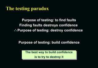 The testing paradox
Purpose of testing: to find faults
The best way to build confidence
is to try to destroy it
Purpose of testing: build confidence
Finding faults destroys confidence
Purpose of testing: destroy confidence
 