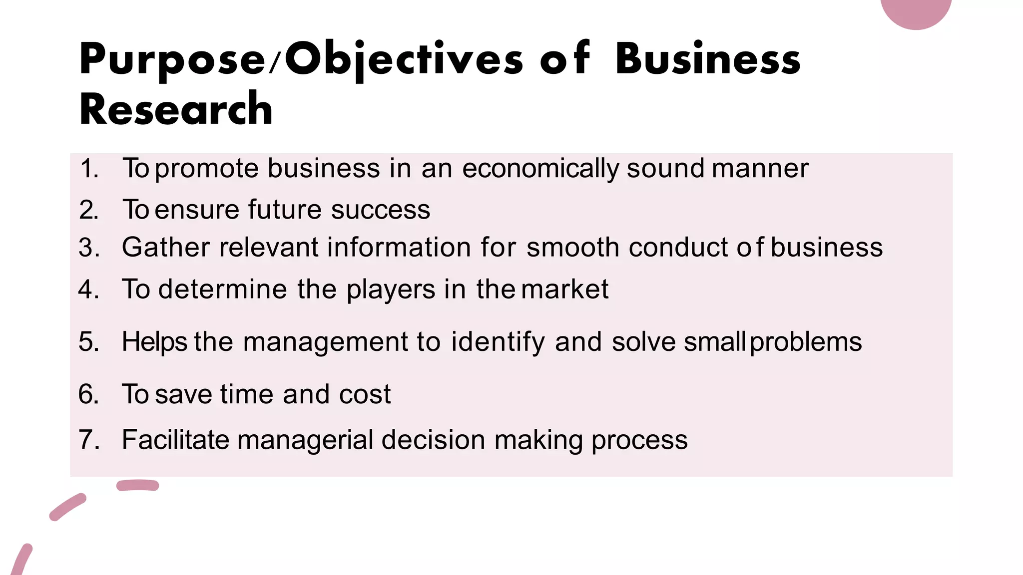1. To promote business in an economically sound manner
2. To ensure future success
3. Gather relevant information for smooth conduct of business
4. To determine the players in the market
5. Helps the management to identify and solve smallproblems
6. To save time and cost
7. Facilitate managerial decision making process
Purpose/Objectives of Business
Research
 
