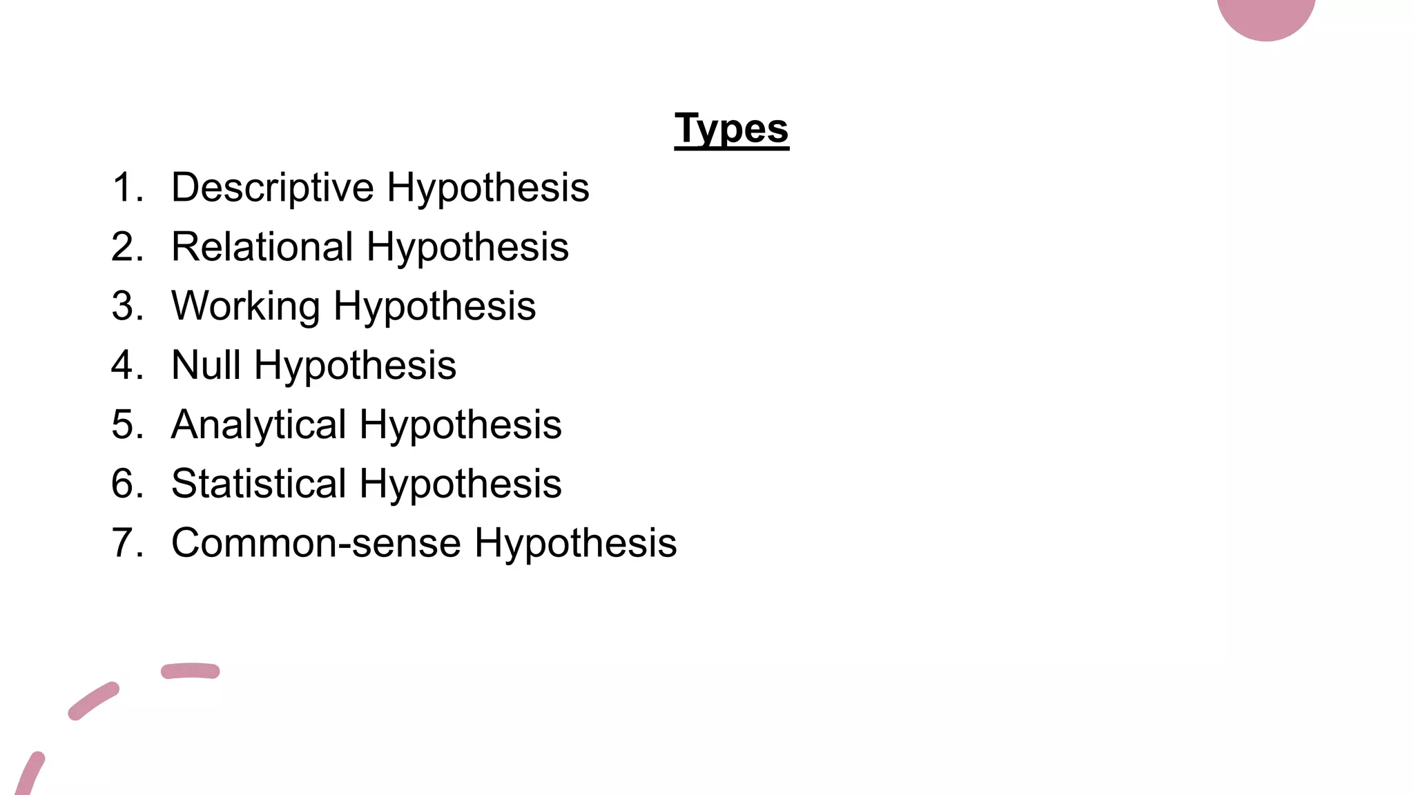 Types
1. Descriptive Hypothesis
2. Relational Hypothesis
3. Working Hypothesis
4. Null Hypothesis
5. Analytical Hypothesis
6. Statistical Hypothesis
7. Common-sense Hypothesis
 