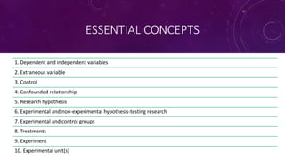ESSENTIAL CONCEPTS
1. Dependent and independent variables
2. Extraneous variable
3. Control
4. Confounded relationship
5. Research hypothesis
6. Experimental and non-experimental hypothesis-testing research
7. Experimental and control groups
8. Treatments
9. Experiment
10. Experimental unit(s)
 
