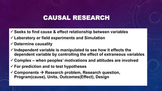 CAUSAL RESEARCH
 Seeks to find cause & effect relationship between variables
 Laboratory or field experiments and Simulation
 Determine causality
 Independent variable is manipulated to see how it effects the
dependent variable by controlling the effect of extraneous variables
 Complex – when peoples’ motivations and attitudes are involved
 For prediction and to test hypotheses
 Components  Research problem, Research question,
Program(cause), Units, Outcomes(Effect), Design
 