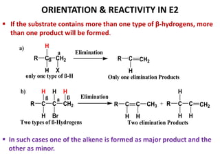 ORIENTATION & REACTIVITY IN E2
 If the substrate contains more than one type of β-hydrogens, more
than one product will be formed.
R C
H
CH2
H X
ß
a
only one type of ß-H
Elimination
R C CH2
a)
b)
R C
H
C
H Br
ß a
Two types of ß-Hydrogens
Elimination
R C C
CH2
H H
ß
+ C C CH2
R
H
H
Only one elimination Products
Two elimination Products
H
H
CH3
H
H
 In such cases one of the alkene is formed as major product and the
other as minor.
 