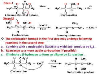 H3C C
H
C
H Br
ß' a
CH2
CH3 H
ß
H3C C C
H
ß
2-bromo-2methyl butane
NaOEt
+ EtOH
CH3
CH3
2-methyl-2-butene
H3C C
H
C
H
CH2
CH3 H
Carbocation
H3C C
H
C
H
CH2
CH3 H
Carbocation
Slow
Fast
+ Br
ß' a
Step-I
Step-II
EtO
 The carbocation formed in the first step may undergo following
reactions in the second step-
a. Combine with a nucleophile (NaOEt) to yield Sub. product by SN1.
b. Rearrange to a more stable carbocation (if possible).
c. Eliminate a β-hydrogen to form an alkene by E1 reaction .
H3C C C
H
SN1
CH3
CH3
H3C C
H
C
H
CH2
CH3 H
Carbocation
Fast
ß' a
EtO
H
OEt
Substitution product
+
 