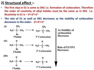 2) Structural effect :-
• The first step in E1 is same as SN1 i.e. formation of carbocation. Therefore
the order of reactivity of alkyl halides must be the same as in SN1 i.e.
Reactivity in E1 is – 3o>2o>1o
• The rate of E1 as well as SN1 decreases as the stability of carbocation
decreases in the order- 3o>2o>1o
H3C C
Br
CH3
CH3
C CH3
CH3
(I)
H3C
H3C C
Br
CH3
H
C CH3
H
(II)
H3C
H3C C
H
Br
H
C H
H
(III)
H3C
3o
halide
2o
halide
1o
halide
3o
Carbocation
2o
Carbocation
1o
Carbocation
Rate of E1/SN1
Decreases
As Stability of
carbocation
Decreases
 