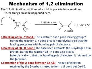 Mechanism of 1,2 elimination
The 1,2 elimination reactions which takes place in basic medium .
Three things must be happened here-
a.Breaking of Cα –Y Bond : The substrate has a good leaving group Y.
During the reaction C-Y Bond breaks heterolytically so that the
leaving group loss with bonding pair of electrons.
b.Breaking of Cβ –H Bond : The base used abstracts the β-hydrogen as a
proton. During the reaction Cβ –H bond also breaks
heterolytically so that the bonding pair of electron is retained by
the β-carbon.
c.Formation of the Л bond between Cα-Cβ: The pair of electron
retained by the β-carbon is used to form a Л bond bet Cα-Cβ.
c c
1,2 elimination
Alkene
cß ca
Y
H
+ H-B+
+ Y-
B:
 