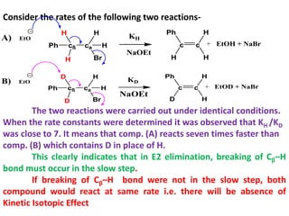 Consider the rates of the following two reactions-
The two reactions were carried out under identical conditions.
When the rate constants were determined it was observed that KH /KD
was close to 7. It means that comp. (A) reacts seven times faster than
comp. (B) which contains D in place of H.
This clearly indicates that in E2 elimination, breaking of Cβ–H
bond must occur in the slow step.
If breaking of Cβ–H bond were not in the slow step, both
compound would react at same rate i.e. there will be absence of
Kinetic Isotopic Effect
c c
D
Ph H
H
cß ca
H
Br
H
D
Ph + EtOD + NaBr
EtO
D
KD
B)
NaOEt
c c
H
Ph H
H
cß ca
H
Br
H
H
Ph + EtOH + NaBr
EtO
H
KH
A)
NaOEt
 