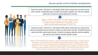 Ажлын цагийг нэгтгэн бодож тодорхойлох
Жишээ: 2022.7.20-2022.8.31-ний хооронд нийт
43 өдөр, ажлын өдрийн үргэлжлэлийг 11 цаг
байх ба нийт ажилласан цаг 473 (43*11)
Ажилтны ажил, үйлчилгээ, үйлдвэрлэлийн оргил ачааллын үед ажилласан
нийт цагийг тодорхойлохдоо тухайн хугацаанд өдрийн тоог ажлын өдрийг
уртасган тогтоосон цагаар үржүүлж тооцно.
Ажилтны ажил, үйлчилгээ, үйлдвэрлэлийн оргил ачааллын үед ажилласан
ажилтны ердийн ажлын цагаас хэтрүүлэн ажилласан цагийг тодорхойлохдоо
ажилтны нийт ажилласан цагаас тухайн хугацааны ердийн ажлын өдрийн
үргэлжлэлээр тооцсон ажлын цагийг хасна.
Жишээ: "Ж" компаний ажил, үйлчилгээ, үйлдвэрлэлийн оргил ачааллын үед 12 дугаар сарын 01-
ний өдрөөс 12 дугаар сарын 30-ны өдрийн хооронд байдаг бөгөөд захирлын тушаалд оргил
ачааллын хугацааг дээрх хугацаагаар, ажлын өдрийн үргэлжлэлийг 12 цаг байхаар тусгасан.
Ажилтан "Б" энэ хугацаанд 20 өдөр ажилласан ба ердийн ажлын өдрийн үргэлжлэл 8 цагаар
тооцоход тухайн хугацааны ажлын цаг нь 160 (20 өдөр × 8 цаг) бөгөөд ажлын цагийг нэгтгэн
бодоход хэтрүүлэн ажилласан нийт цаг нь 80 (20 өдөр × 12 цаг-160 цаг) болно.
 