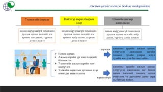 Ажлын цагийг нэгтгэн бодож тодорхойлох
7 хоногийн амралт Нийтээр амрах баярын
өдөр
Шөнийн цагаар
ажилласан
нөхөн амруулаагүй тохолдолд
дундаж цалин хөлсийг нэг
аравны тав дахин, түүнээс
дээш хэмжээ
нөхөн амруулаагүй тохолдолд
дундаж цалин хөлсийг нэг
аравны хоёр дахин, түүнээс
дээш хэмжээ
нөхөн амруулаагүй тохолдолд
дундаж цалин хөлсийг хоёр
дахин, түүнээс дээш хэмжээ
 Нөхөн амраах
 Ажлын өдрийн үргэлжлэх цагийг
богиносгох
 7 хоногийн ажлын өдрийн тоог
цөөрүүлэх
 Ээлжийн амралтын хугацаан дээр
нэмэлдэл амралт олгох
ажилтны ердийн ажлын цагаас
хэтрүүлэн ажилласан цагийн
тооцоог тухайн улирал эсхүл
тухайн жилд нь багтаан хийнэ.
ажилтны ердийн ажлын цагаас
хэтрүүлэн ажилласан цаг болон
цалин хөлсний тооцоог оргил
ачааллын үе дууссаны дараа сард
нь багтаан хийнэ.
хэрэглэх
хэрэглээгүй
 