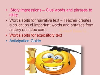 Suresh Babu G
• Story impressions – Clue words and phrases to
story.
• Words sorts for narrative text – Teacher creates
a collection of important words and phrases from
a story on index card.
• Words sorts for expository text
• Anticipation Guide
 